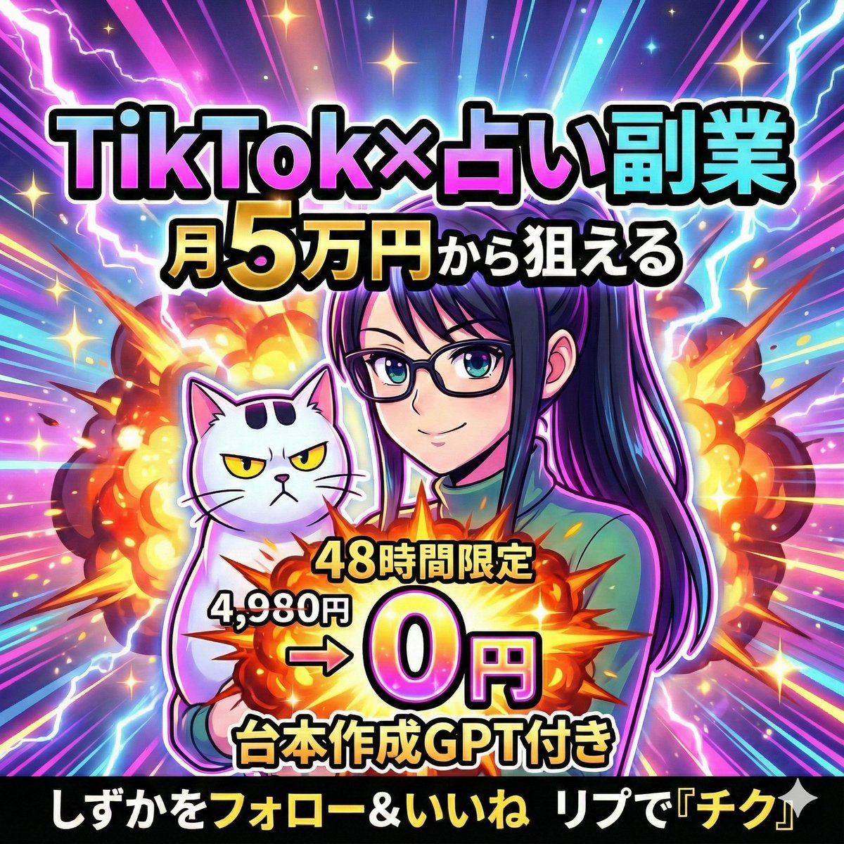 ーーーーーーーー
⚠️48時間限定⚠️
ーーーーーーーー
TikTok×占い副業を、
仕組みごとまとめました。

占いスキル不要。
顔出し不要。
動画編集もほぼ不要。

多くの人が止まる原因は
「才能」じゃなくて
毎回、何を作るかで迷うこと。

だから今回は、
台本を自動生成するGPTを作りました。