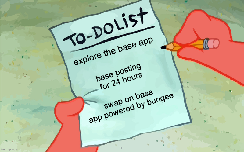BungeeExchange's tweet photo. Base App is here!
- Everything is tokenized and tradable
- Free and open market
- Scrolling the feed makes you money

brb, spending 24 hours baseposting and swapping on @baseapp https://t.co/VA2qa9zt5k