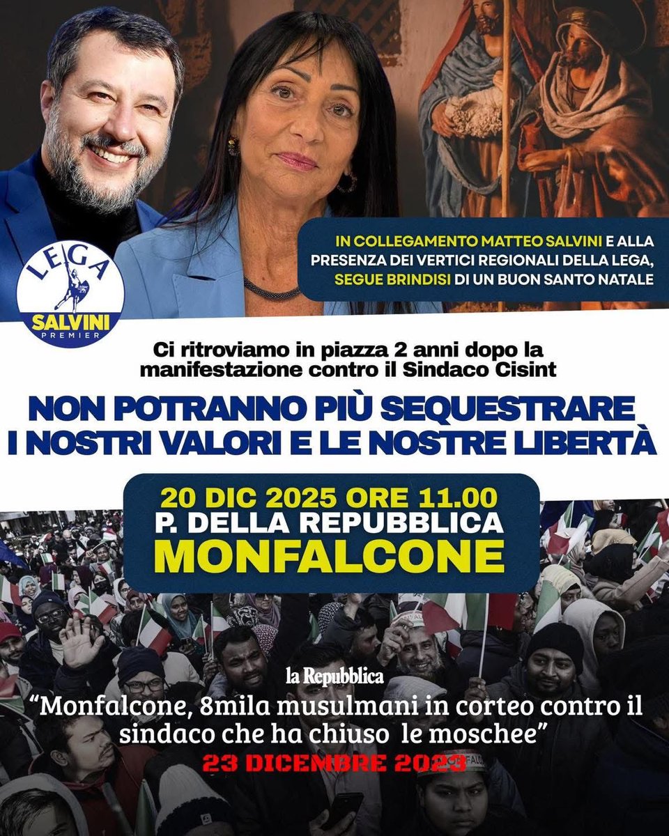 🇮🇹🇮🇹 A due anni dalla “marcia” degli 8000 islamici e della sinistra contro il Sindaco CISINT - era il 23 dicembre 2023 - la Lega si ritrova in piazza a MONFALCONE. 

👉Un appuntamento lanciato dalla nostra Anna CISINT per difendere tutti insieme il nostro futuro e la nostra