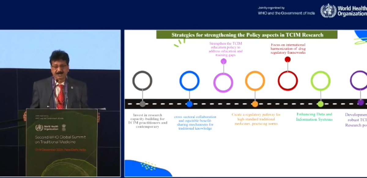 CCRAS_MoAyush's tweet image. Day 2 | 2nd @WHO Global Summit on #TraditionalMedicine

During Plenary Session-2A on 'Translating the TM Research Roadmap into Global Action', Prof. Rabinarayan Acharya, DG #CCRAS, underscored the need to strengthen Traditional Medicine through sustained investment in science.