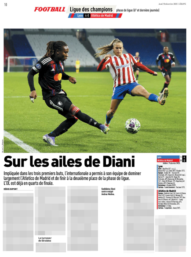 fenottes's tweet photo. Dans l'édition papier du journal l'Équipe, la performance de Kadidiatou #Diani dans le match d'hier est mise en avant
#OLLATM https://t.co/eRAzYexLJd