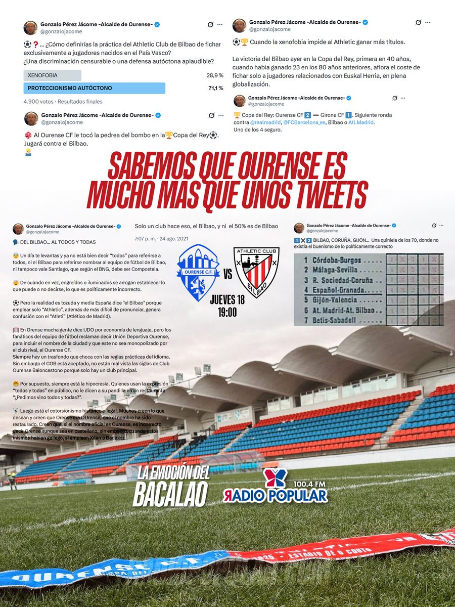 Los cargos pasan, las aficiones y el respeto quedan 🤝

<a href="/Ourense_CF/">Ourense CF</a> 🆚 <a href="/AthleticClub/">Athletic Club</a>

⏰19:00

🗣️ Te lo contamos en La Emoción del Bacalao

🎙️<a href="/RJ_Bacalao/">Raúl Jiménez</a>
🎚️ Mendi
⚽️ <a href="/asierelorriaga/">Asier Elorriaga</a>
💫 <a href="/dguerreirom/">Dani Guerreiro</a>
📲 <a href="/oihaneirazu/">Oihane Irazu</a>
🐦 <a href="/SaratxagaEkaitz/">Ekaitz Saratxaga</a>

#EmociónBacalao #OurenseAthletic #CopaDelRey