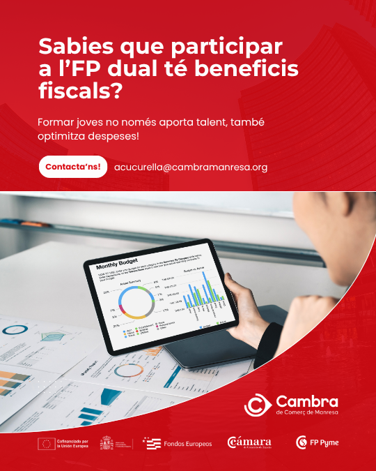 Cambramanresa's tweet photo. 📊 Sabies que si participes en l'FP dual la teva empresa pot gaudir de beneficis fiscals?

📍 El programa #FPPime de la Cambra t'acompanya i t'ajuda a incorporar i formar talent qualificat.

Contacta'ns!

🔗 https://t.co/n9cSp9JTdB
✉️acucurella@cambramanresa.org https://t.co/pSSfzOsv9X