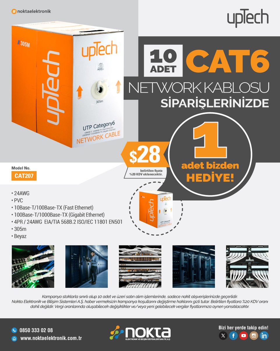🔥 Uptech CAT6 Network Kablosu Kampanyası 🔥
Altyapını güçlendir, avantajı kaçırma!

10 adet Uptech CAT6 Network Kablosu siparişlerinde🎁 1 adet bizden HEDİYE!

🛒 Ürünü incele &amp; sipariş ver!
👉 bit.ly/3XYdboH
📌 Sadece nakit alışverişlerde uygulanır