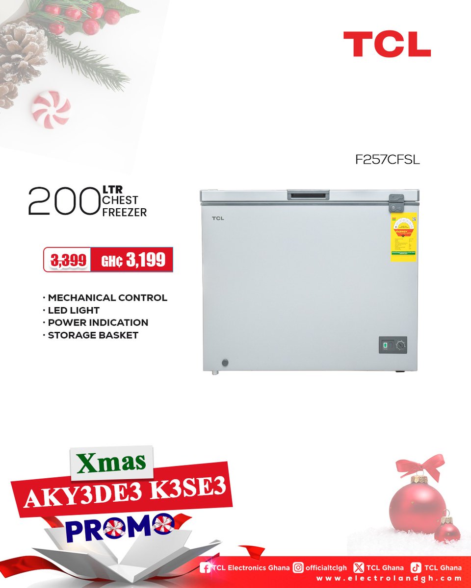 ghana_tcl's tweet image. XMAS AKY3DE3 K3SE3 PROMO!

Keep it fresh and frozen this festive season with TCL Chest Freezers.
Spacious, energy-efficient, and built for long-lasting freshness for all your Christmas needs.
It’s the AKY3DEƐ KƐSEƐ Promo — reliable cooling with unbeatable deals.
Grab yours now…