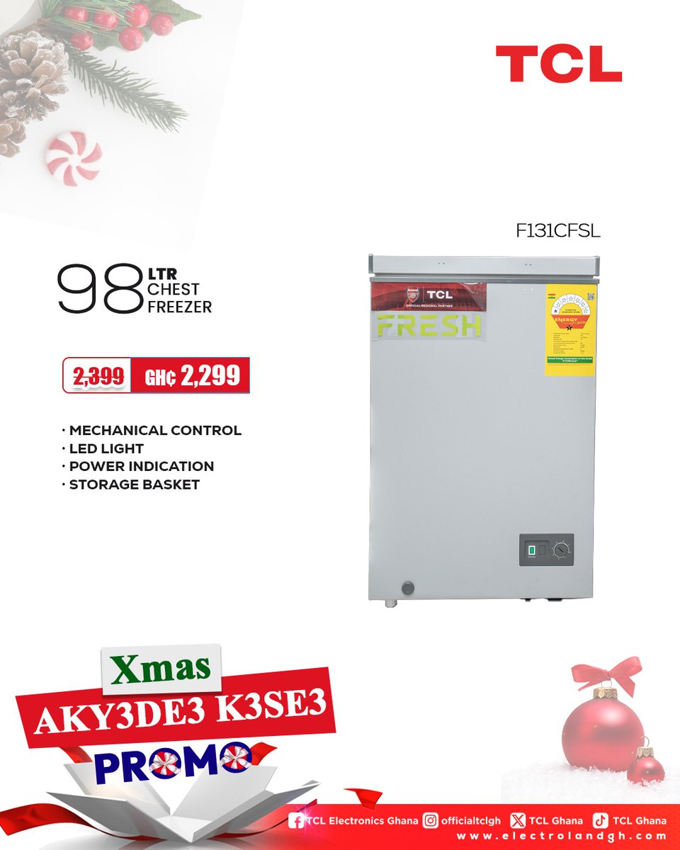 ghana_tcl's tweet image. XMAS AKY3DE3 K3SE3 PROMO!

Keep it fresh and frozen this festive season with TCL Chest Freezers.
Spacious, energy-efficient, and built for long-lasting freshness for all your Christmas needs.
It’s the AKY3DEƐ KƐSEƐ Promo — reliable cooling with unbeatable deals.
Grab yours now…
