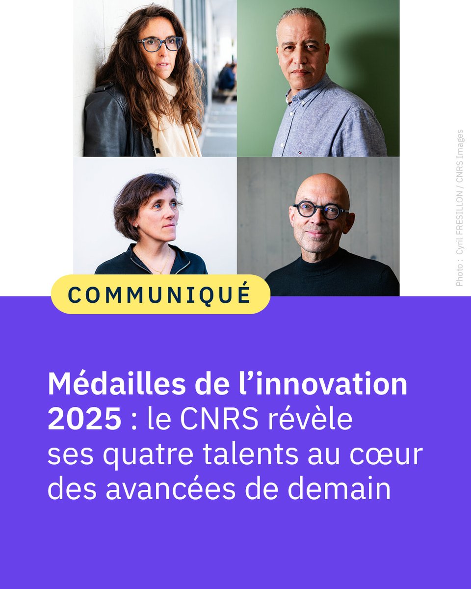 CNRS's tweet image. #Communiqué 🗞️ La médaille de l’innovation 2025 du CNRS est décernée à la linguiste Alda Mari, le biologiste Aziz Moqrich, la physicienne Pascale Senellart et le chimiste Alain Wagner.

#CNRSinnovation #TalentsCNRS

👉 cnrs.fr/fr/presse/meda…
