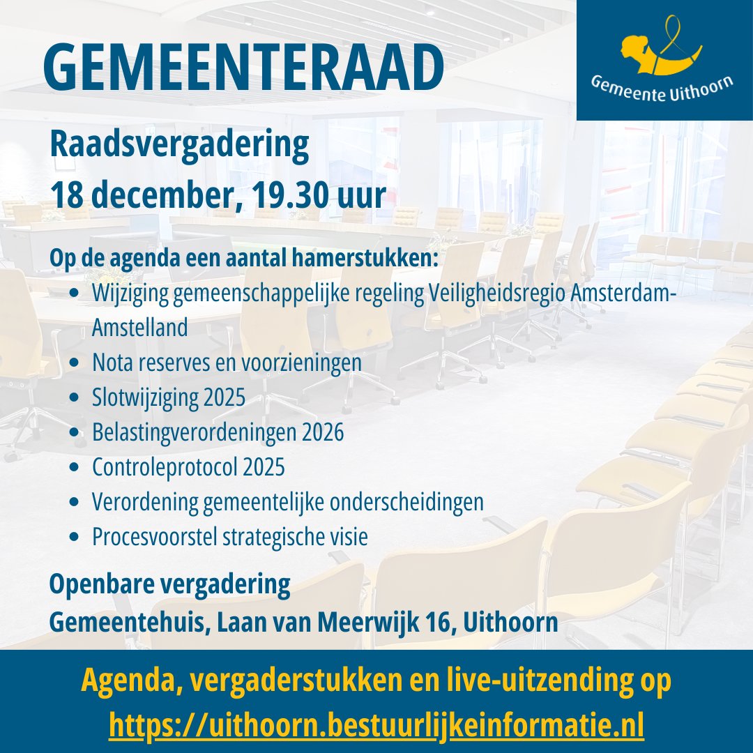 Vanavond vergadert de gemeenteraad vanaf 19.30 uur. 

Woon de vergadering bij in de raadzaal of volg de livestream op uithoorn.bestuurlijkeinformatie.nl/Agenda/Index/1….