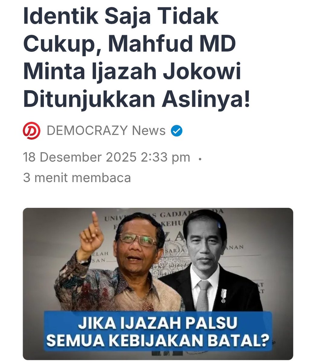 Bagaimana Mau Menunjukkan Yang Asli,Kalau Ijasah Aslinya Gak Ada!😁

Identik Saja Tidak Cukup, Mahfud MD Minta Ijazah Jokowi Ditunjukkan Aslinya!

Mahfud menilai bahwa publik sering terjebak pada frasa “identik” ketika bicara soal ijazah Jokowi. Padahal, dalam kerangka hukum