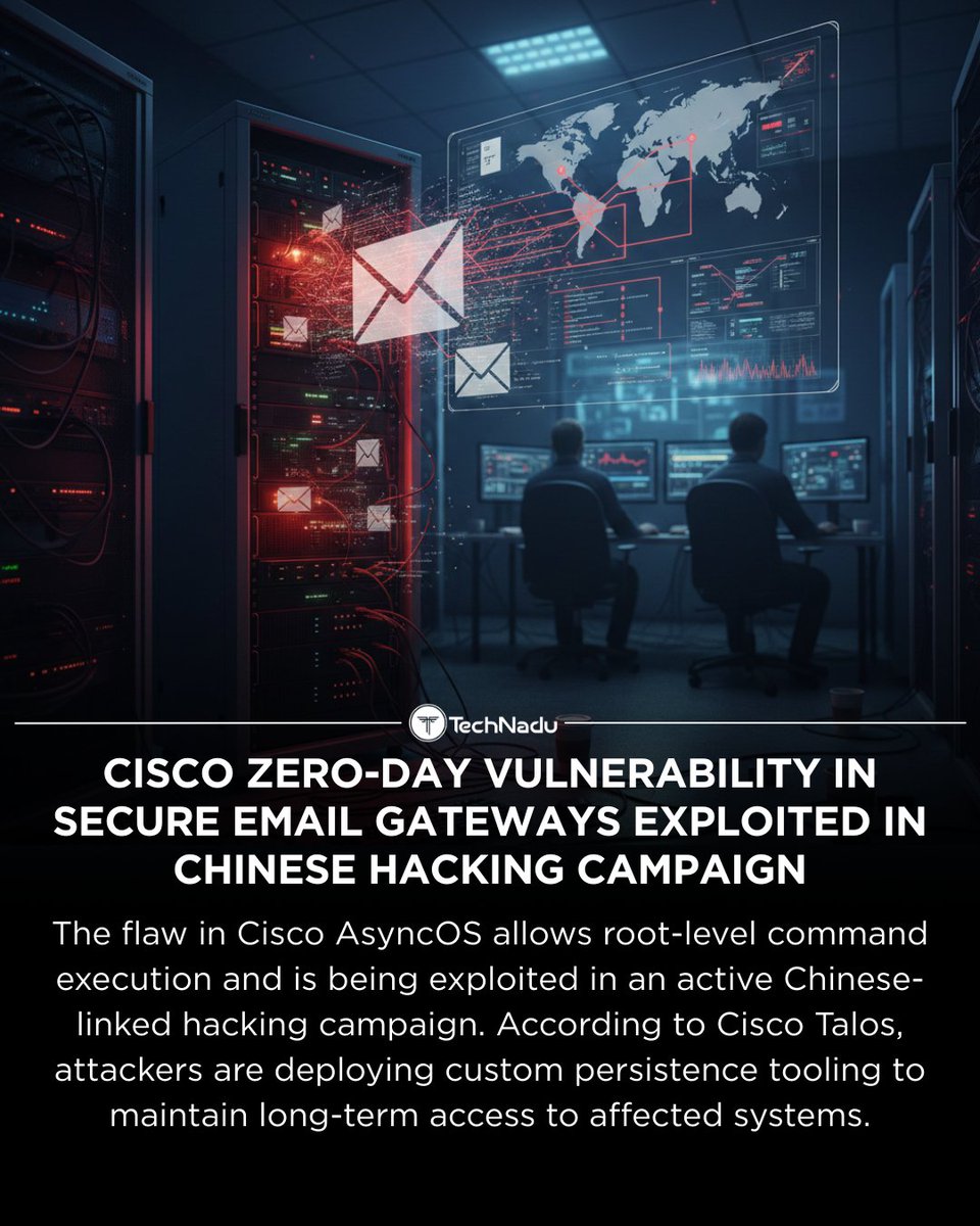 TechNadu's tweet image. Cisco confirms active exploitation of a critical zero-day in Secure Email Gateway products.
✔ Root-level access
✔ Chinese-linked APT activity
✔ No patch available - wipe &amp;amp; rebuild advised

#ZeroDay #Cisco #EmailSecurity