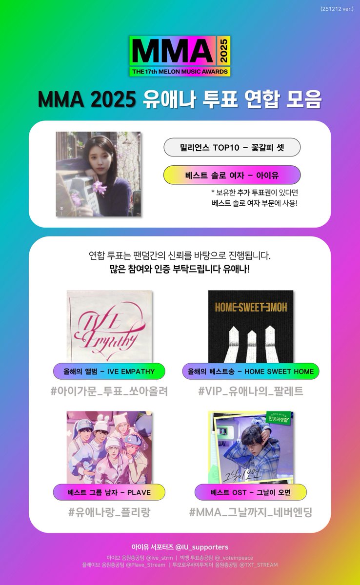 [📋] 12/18 유애나 투표 체크

MMA 부문별 투표는 내일 종료 ‼️
종료 전에 막판 스퍼트 내볼까요? 🔥

1️⃣ [마감 D-1] MMA 부문별 투표 &amp; 연합투표 → 인증 필수!
🔗 into.melon.com/2025mmavote2
     ⭐ #애나야_투표하자 
     🔹 #아이가문_투표_쏘아올려 
     🔹 #VIP_유애나의_팔레트 
     🔹