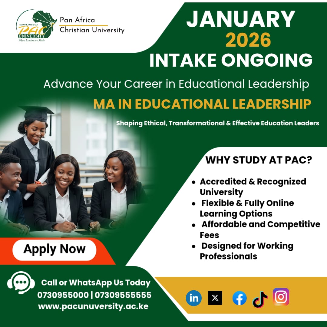 PACUniversityKE's tweet photo. January 2026 Intake Ongoing 🎓
Advance your career with the MA in Educational Leadership at Pan Africa Christian University — accredited, flexible &amp; fully online, ideal for working professionals.

📞 0730 955 000 | 0730 955 555
🌐 https://t.co/xoBflpY9Ur

#January2026Intake https://t.co/qKtmBfbv1J