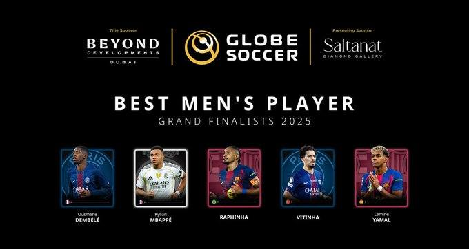 خروج محمد صلاح من السباق. جلوب سوكر تكشف عن المرشحين النهائيين لجائزة أفضل لاعب في العالم لعام 2025. عثمان ديمبلي. كيليان مبابي. لامين يامال. رافينيا. فيتينيا 