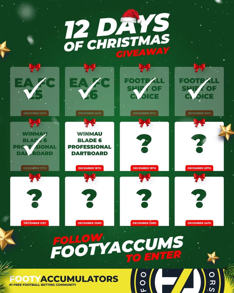 FootyAccums's tweet image. DAY 6 OF OUR 12 DAYS OF GIVEAWAYS! 🚨

WIN A WINMAU PROFESSIONAL DARTBOARD! 🎯

RETWEET &amp;amp; FOLLOW TO ENTER! ✅

Winner picked TONIGHT @ 10pm - good luck! 🙏