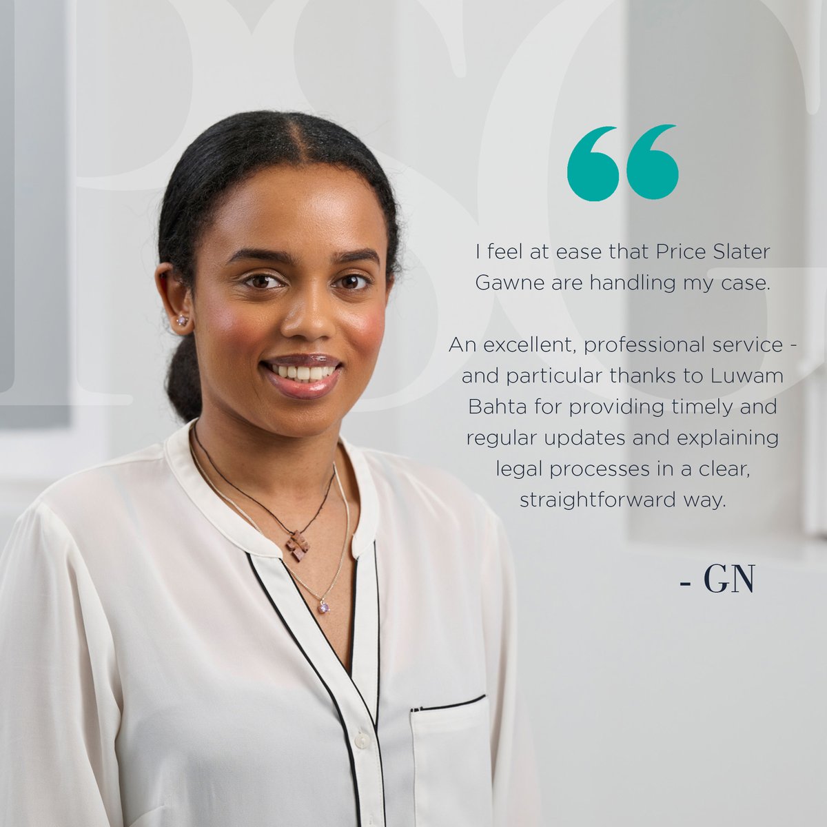 At Price Slater Gawne, we’re committed to providing support that goes beyond simply navigating the legal process – ensuring your journey is as clear, understandable and stress-free as possible.

Well done to Paralegal, Luwam Bahta, for this brilliant client feedback.