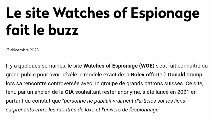 Le site <a href="/watchesofespion/">Watches of Espionage</a>  s'intéresse aux montres préférées des "types louches"... qui sont bien souvent fabriquées par des marques d'horlogerie suisse
gothamcity.ch/gotham-gazette…