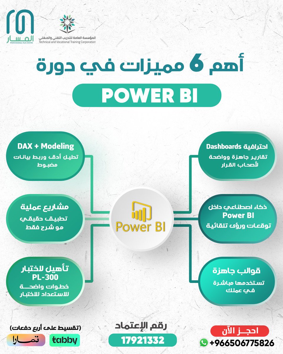 Propath_Center's tweet image. الإنفوجراف يوضّح أهم المميزات العملية اللي تميّز دورة Power BI…
من الـ Dashboards إلى DAX إلى التأهيل لـ PL-300.
خطوتك القادمة: تطوير مهارتك.
 
للحجز ومعرفة التفاصيل من خلال موقعنا: 
#PowerBI #DataDriven #SmartDecisions #BusinessTools #FutureSkills