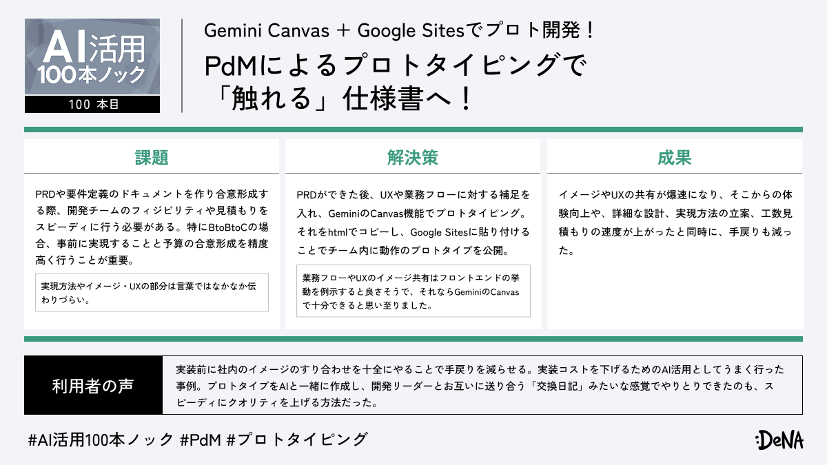 【AI活用100本ノック：100📢】Biz（PdM）職が実践！
 ＼Gemini Canvas + Google Sitesでプロト開発！／
PdMによるプロトタイピングで「触れる」仕様書へ！
