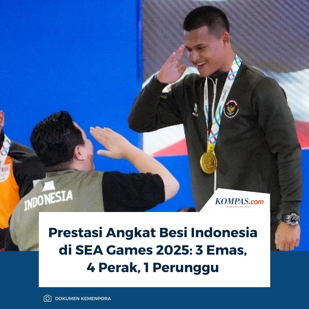 sportskompascom's tweet photo. Tim angkat besi Indonesia menutup rangkaian pertandingan SEA Games 2025 Thailand dengan prestasi yang mentereng.
Baca selengkapnya: https://t.co/ZH0iYYk0TB
~RS #AngkatBesi #MedaliEmas #SEAGames2025 https://t.co/IiGPH9oPVG