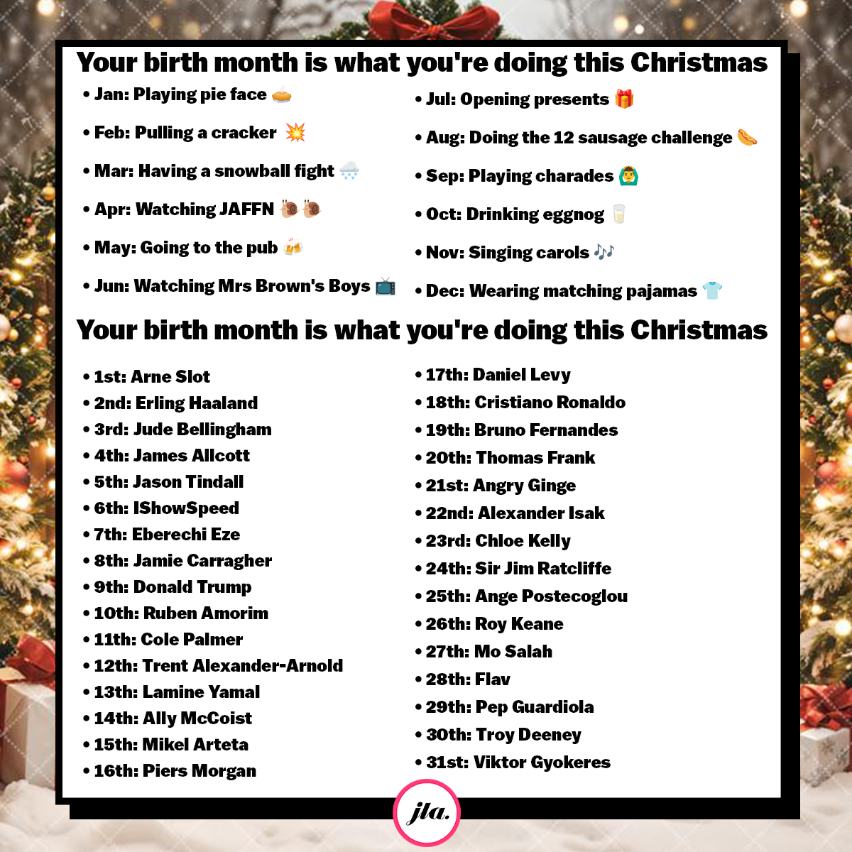 JLA_Productions's tweet photo. Your birth month is what you’re doing this Christmas; your birth day is who you’re with… 🗓️

Quote and comment with yours, and use Grok to bring it to life. 🎄 https://t.co/40QNyJtfda