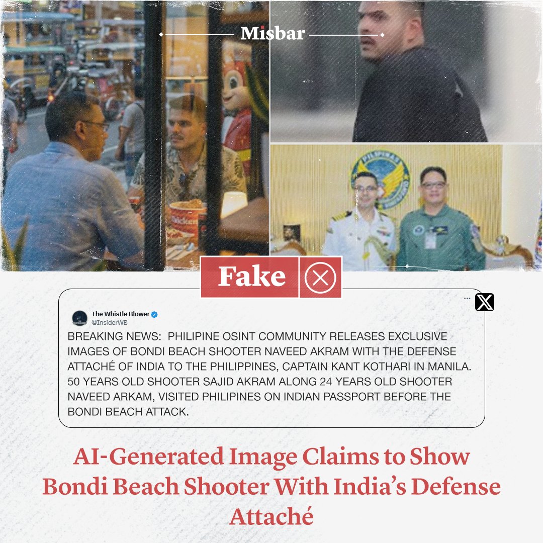misbar_en's tweet photo. 🔴#Misbar investigated the viral claim and found it to be fake. The image is AI-generated.
According to Google Gemini’s SynthID watermark analysis, the image holds a SynthID watermark, indicating it was edited or generated using Google AI tools. https://t.co/53u2V3Dqsv