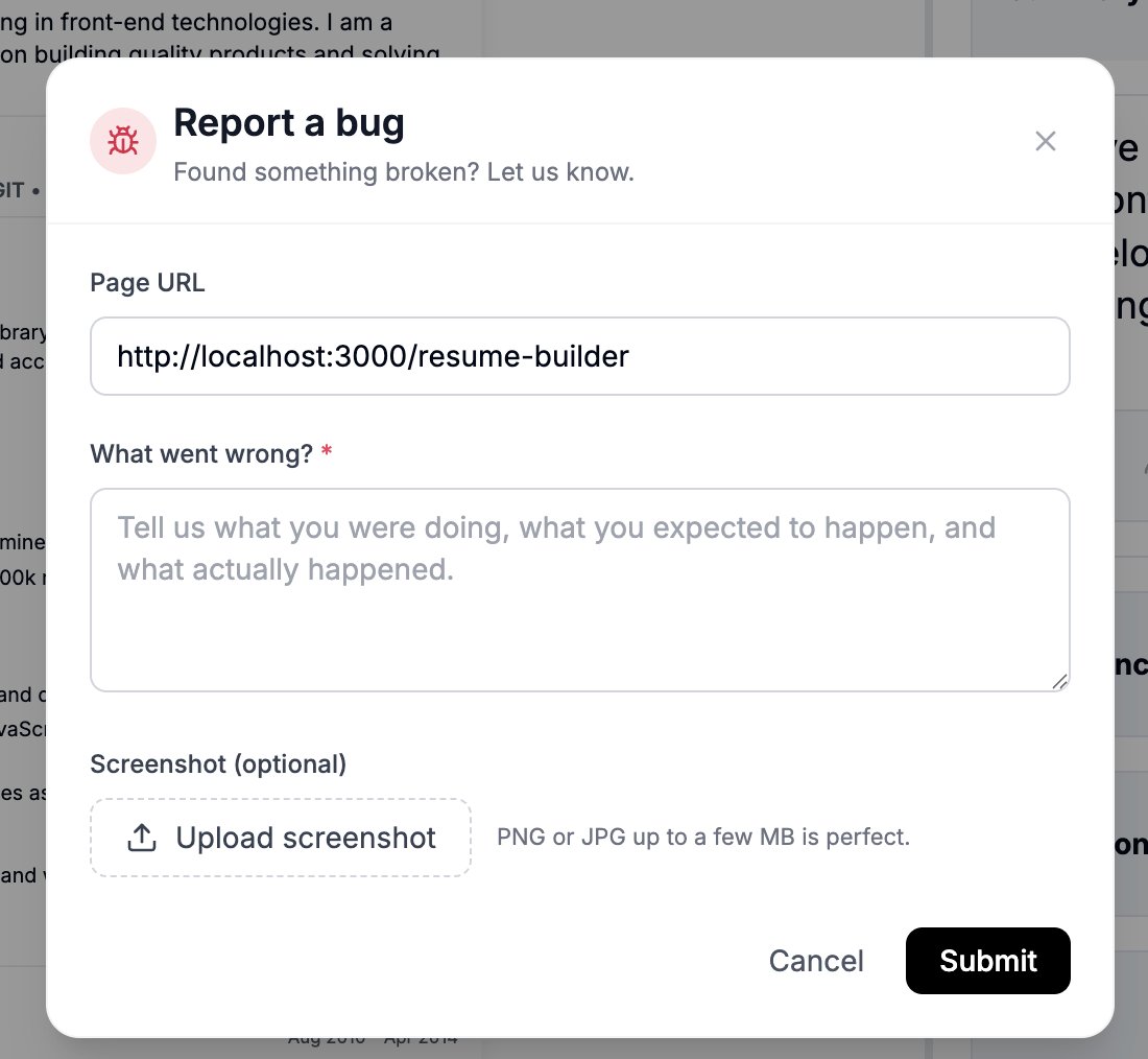 Building in public 🛠️

Bug bash showed the gap.

Shipped feedback + bug reports + admin + emails.

Roadmap coming soon 🚀

simpleresu.me