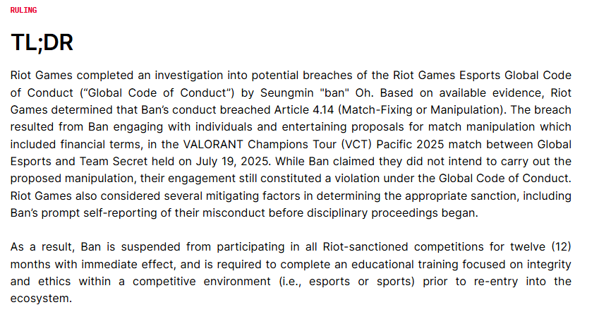 BAN GOT BANNED FROM VCT FOR MATCH FIXING???