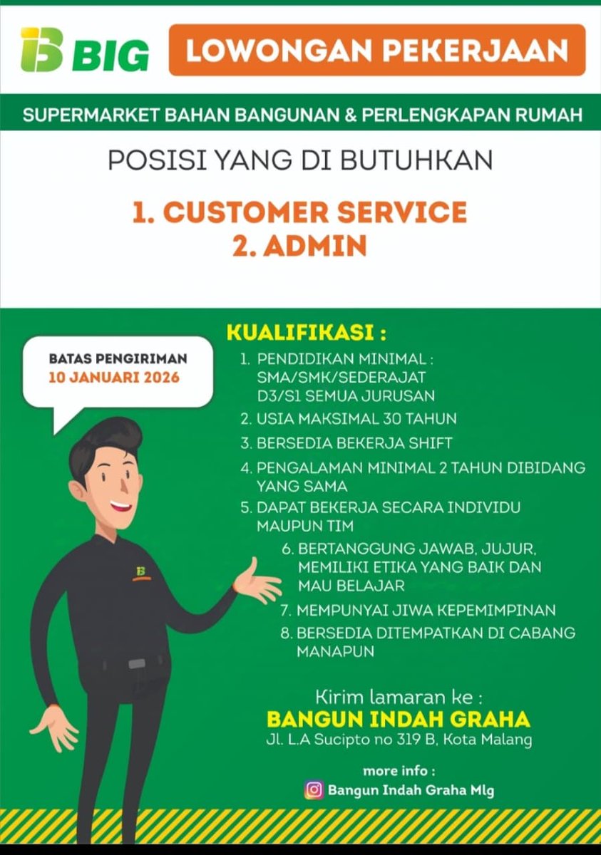 cewebluechip's tweet photo. Lowongan Kerja Malang Surabaya Gresik Tegal Pemalang
Bangun Indah Graha
• Cust Service
• Admin
Digiponic Maju Jaya
• General Admin
• Mobile Developer
• Operator Nitrogen
#lokersby #infoloker #loker2025 #lokerjatim #lulusanSMA #semuajurusan #lulusansmp #lokerdes https://t.co/GpcZZp9Z3b