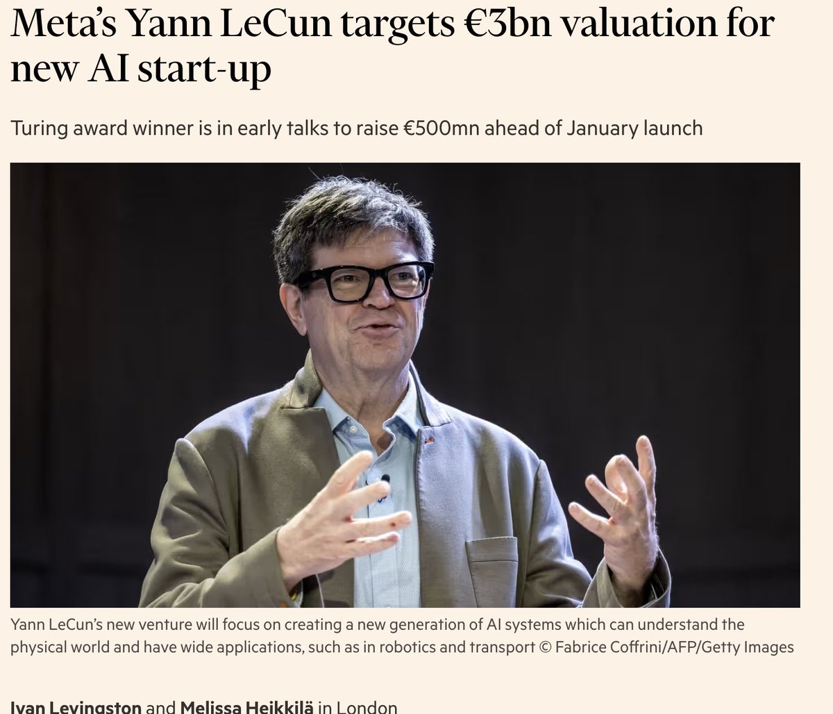SebJohnsonUK's tweet image. Meta's ex Chief AI officer is raising €500n at a €3bn valuation for his startup before it's even launched. 

Yann LeCun (@ylecun) will be launching his new venture,  Advanced Machine Intelligence Labs, in January and he will serve as an executive chair.

The fundraising is in…