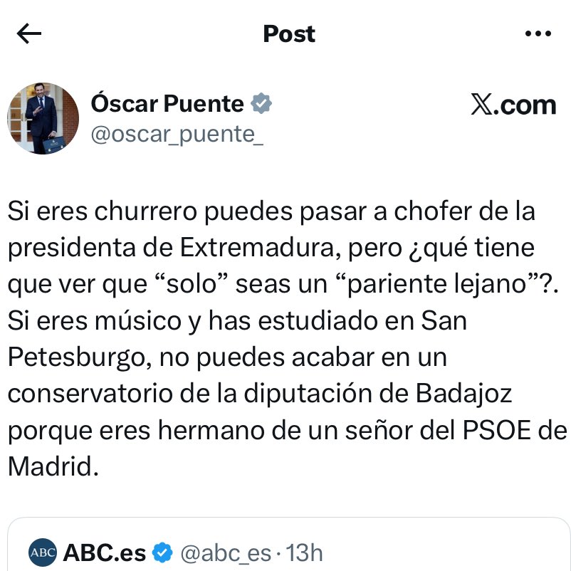 Óscar Puente sobre el enchufe del hermano de Snchz en Badajoz: sólo era “hermano de un señor del PSOE de Madrid”.

Olvida que el hermano no sabía ni dónde estaba su puesto de trabajo y que cobró sin ir a trabajar.

“La Oficina de Artes Escénicas es … eh… pues…”