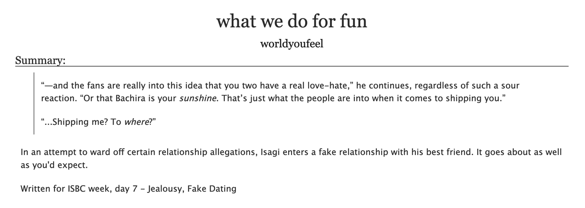 my (long overdue) contribution for #isbcweek2025!!!
day 7 - jealousy, fake dating 🌱🐝

two of my fav tropes with my fav boys! wahoo! warm wishes to bachisagi nation archiveofourown.org/works/75515616