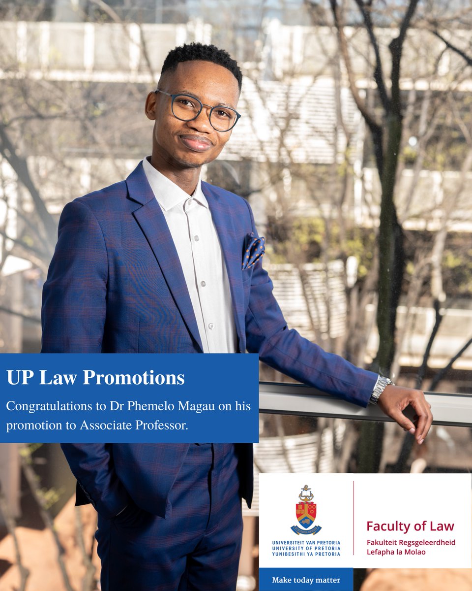 UPLawFaculty's tweet photo. Promotion Announcement: Dr Phemelo Magau Becomes the Current Youngest Associate Professor at UP Law

The University of Pretoria Faculty of Law announces the promotion of Dr Phemelo Magau to Associate Professor, effective 1 January 2026. He becomes the current youngest Associate Professor in the Faculty.

From Kuruman to the heights of academia, Dr Magau’s journey reflects perseverance and the transformative power of education. His contributions to teaching, research, and mentorship continue to shape and inspire future legal scholars.

Looking ahead, Dr Magau remains focused on continued growth: “The next stop for me is a full professorship. I hope to attain it in due course, after putting in the work required to reach that level.”

🔗 Read more: https://t.co/Ta2ytaPqEF

#UPLaw #AcademicExcellence