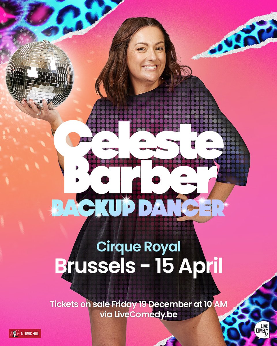 LiveComedybe's tweet image. We’ve received an early Christmas present! Australian comedian @celestebarber_ is coming to Brussels! She’s bringing her 'Backup Dancer' Tour to Cirque Royal on 15 April 2026.  Tickets go on sale Friday 19 December at 10 AM via LiveComedy.be/celestebarber