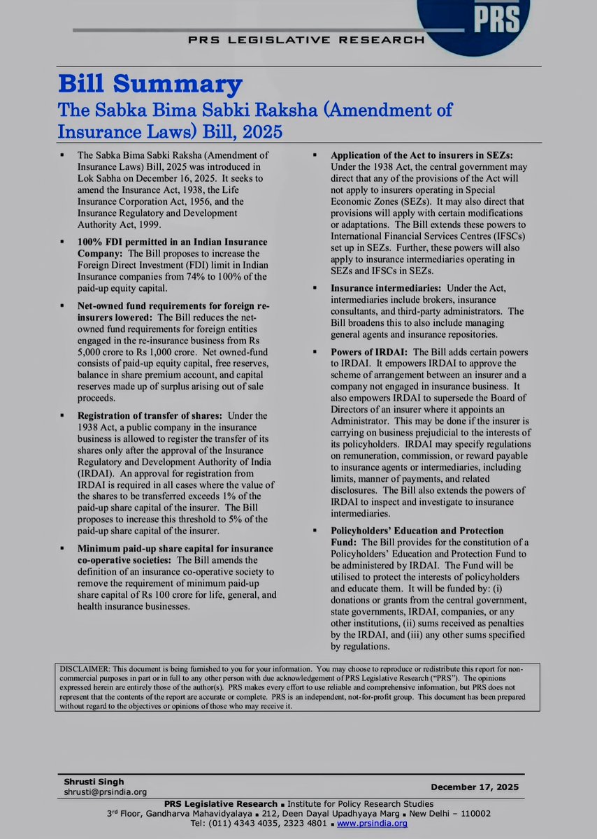 abhishek0217's tweet image. Big reforms in India’s insurance sector.
✅ 100% FDI allowed
✅ Lower entry barriers for reinsurers
✅ Stronger IRDAI powers
✅ Greater policyholder protection
The Sabka Bima Sabki Raksha Bill, 2025. #InsuranceReforms #FDI #PolicyUpdate #IndianEconomy #IRDAI #Trending