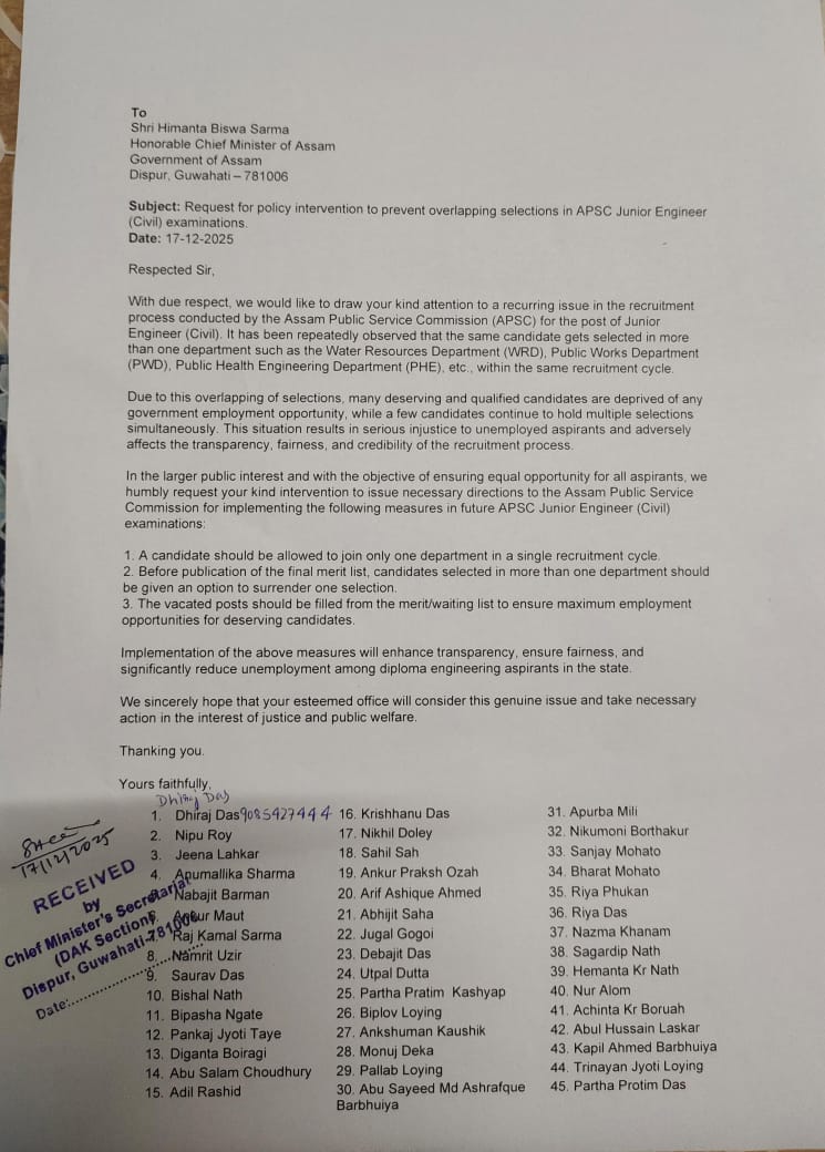 phantasm_sarma's tweet photo. Hon’ble CM Sir @himantabiswa, we respectfully submitted a memorandum at the CM Office on 17-12-2025 regarding overlapping selections in APSC JE recruitments.
Requesting your kind intervention and a status update in the interest of fairness &amp; employment for deserving aspirants. https://t.co/kB3ITRgvfl
