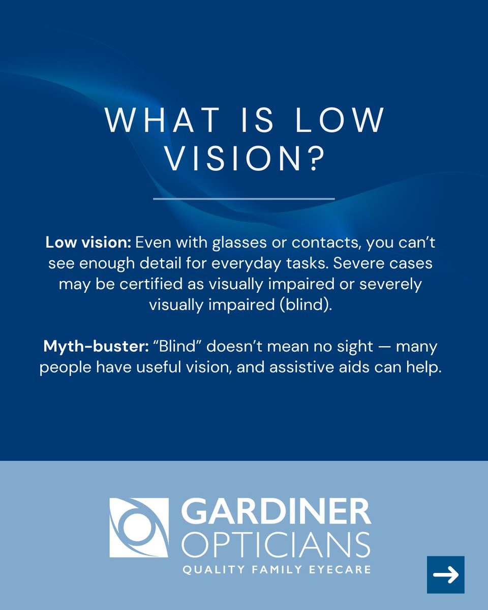 GOpticians's tweet photo. Even with specs or contacts, detail can be hard to see. Severe cases may be certified as visually impaired — but “blind” doesn’t mean no sight. Support and aids can help. #LowVision #EyeHealth #GardinerOpticians #FamilyEyecare https://t.co/0JQLLsTaqu