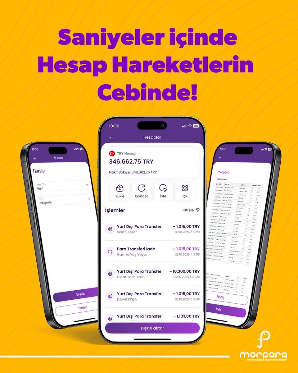 Finansal hareketlerini artık tek dokunuşla kontrol et.
Hesap geçmişini dilediğin tarih aralığında dışa aktar, verilerini PDF olarak kaydet.
Morpara ile finansal yönetim artık çok daha kolay. 💜