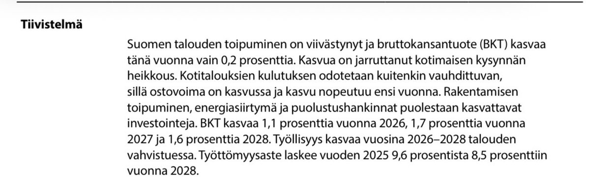 <a href="/ville_valkonen/">Ville Valkonen</a> Jännittävästi löydät pääsyyn sodasta, vaikka itse ennustaja VM löytää sen pääsyyksi kotimaisen kysynnän heikkouden.

Hallituksen luomalla epävarmuudella ja toimilla on tähän oma kontribuutionsa kuten tuossa juuri VTV analysoi.
#politiikka #talous 

Klippi VM:n ennusteesta.
