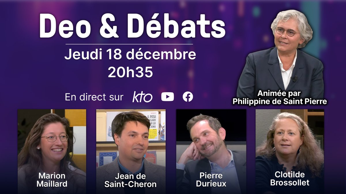 🔴 Dans #DeoEtDébats, ce jeudi 18 décembre, quatre chrétiens débattent de l’actualité avec franchise et bienveillance : <a href="/CB2S2L/">Impertinence du cœur</a>, <a href="/PierDurieux/">Pierre Durieux</a>, Jean de Saint-Cheron et Marion Maillard.
Avec <a href="/pdesaintpierre/">Philippine de Saint Pierre</a>.

👉 En direct à 20h35 sur KTO &amp; youtube.com/live/AxiQk2_kS…