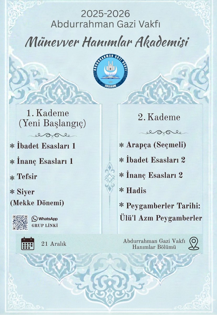 🍃Münevver Hanımlar Akademimiz kaldığı yerden devam ediyor.
🍃Başvurularınızı afişteki QR kod ile veyahut DM yoluyla yapabilirsiniz.

🍃Not: İkinci kademe derslerimiz geçen dönem sertifika alan hanımefendilere yönelik olacaktır.🌸
