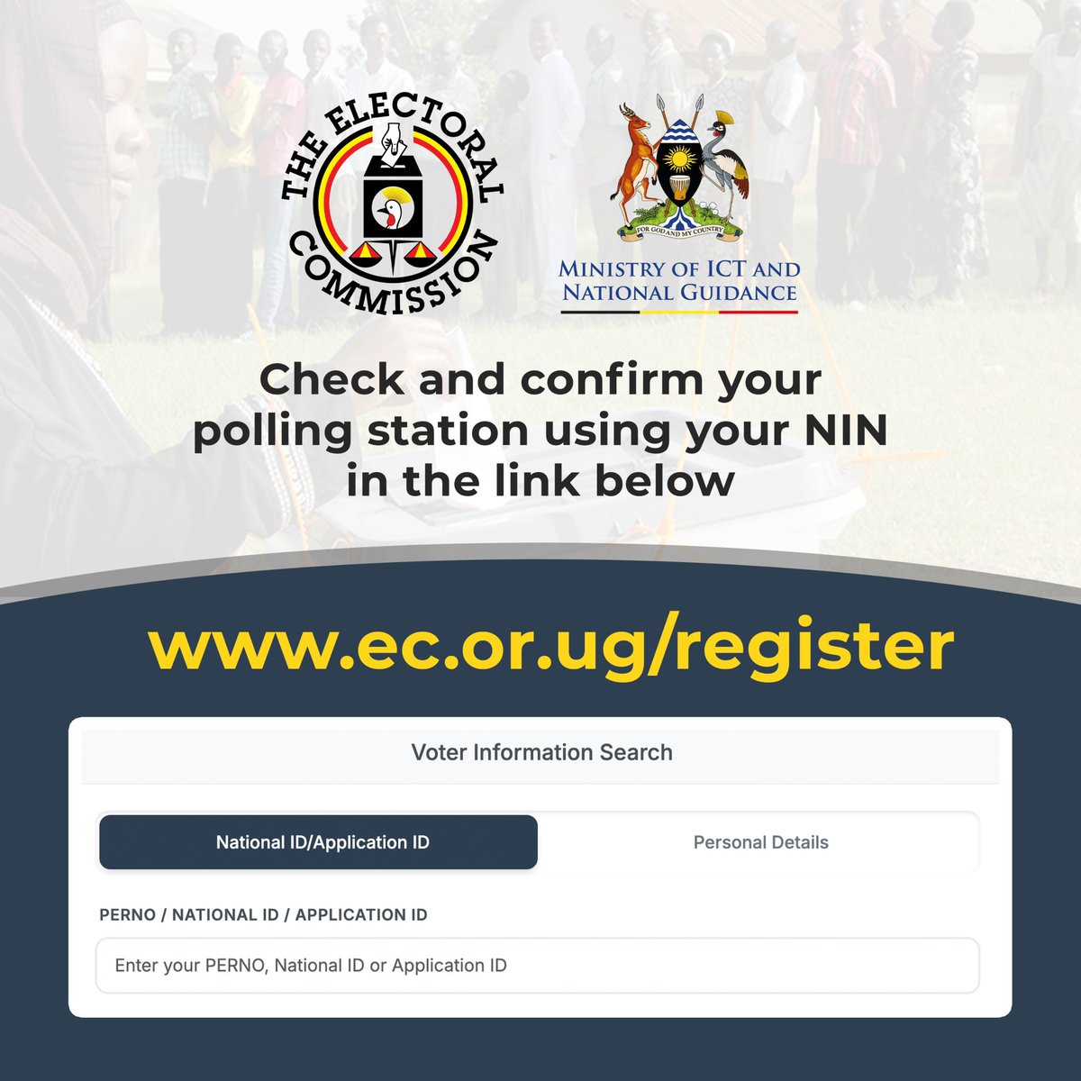 MoICT_Ug's tweet image. 𝐂𝐡𝐞𝐜𝐤 𝐘𝐨𝐮𝐫 𝐏𝐨𝐥𝐥𝐢𝐧𝐠 𝐒𝐭𝐚𝐭𝐢𝐨𝐧!

Use your 𝐍𝐈𝐍 to quickly check and confirm your polling station.

👉 ec.or.ug/register

@UgandaEC