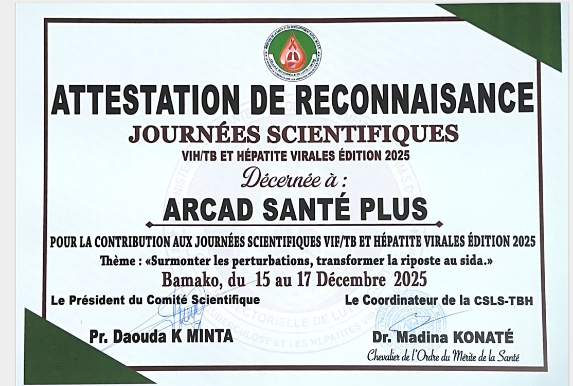 arcadplus's tweet image. En marge de la cérémonie de clôture des Journées scientifiques organisées par la Cellule Sectorielle de Lutte contre le VIH/Sida, la Tuberculose et les Hépatites virales (CSLS-TBH), tenue ce mercredi 17 décembre, ARCAD Santé PLUS a reçu une attestation de reconnaissance.