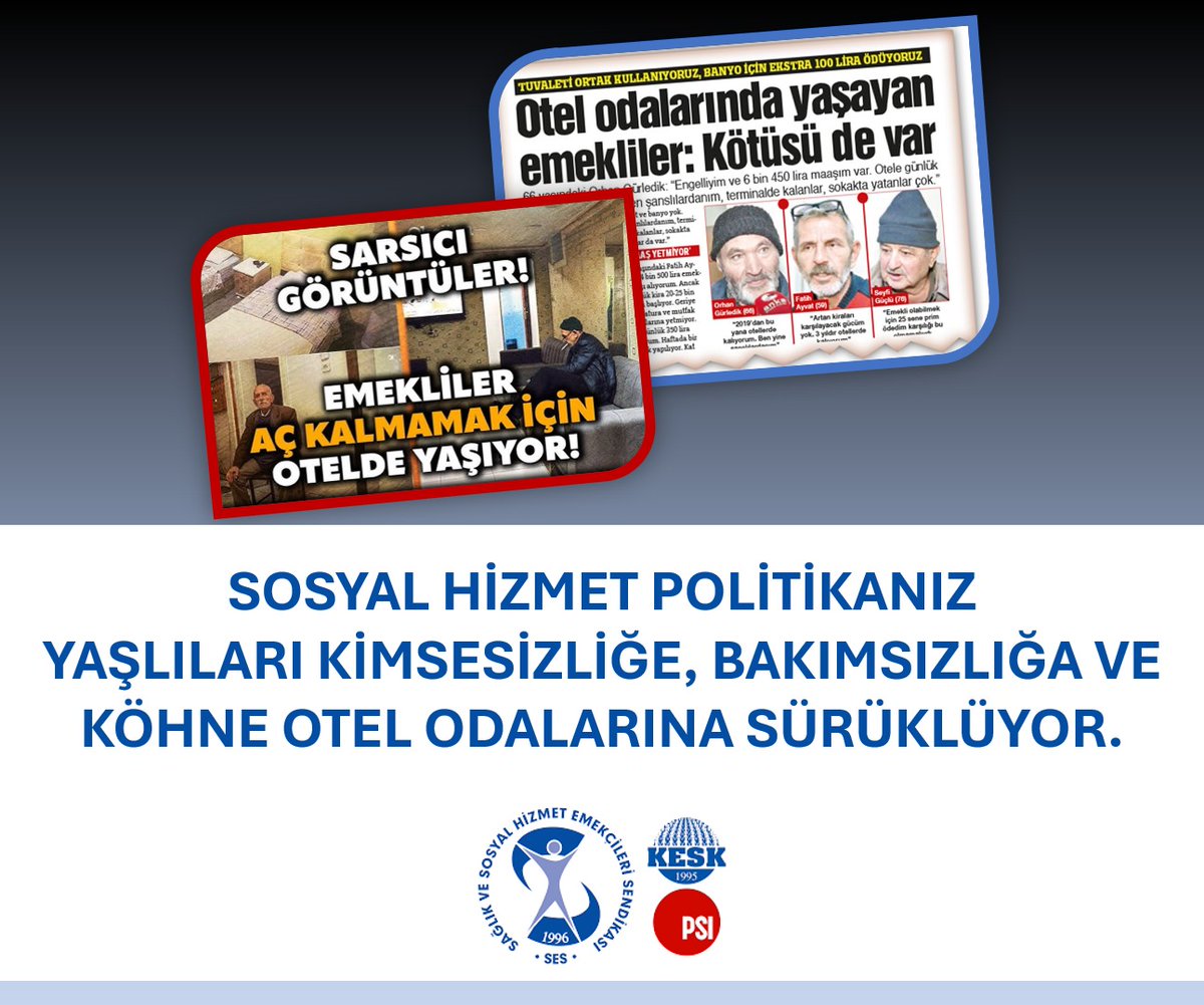SOSYAL HİZMET POLİTİKANIZ YAŞLILARI KİMSESİZLİĞE, BAKIMSIZLIĞA VE KÖHNE OTEL ODALARINA SÜRÜKLÜYOR.
YAŞLILARIMIZ KÖHNE OTEL ODALARINDA YAŞAMA TUTUNUYOR!
AİLE VE SOSYAL HİZMETLER BAKANLIĞI NE YAPIYOR?
Bakanlık tarafından 2021 yılında yapılan Gerontolojik Bakım ve Bakış
