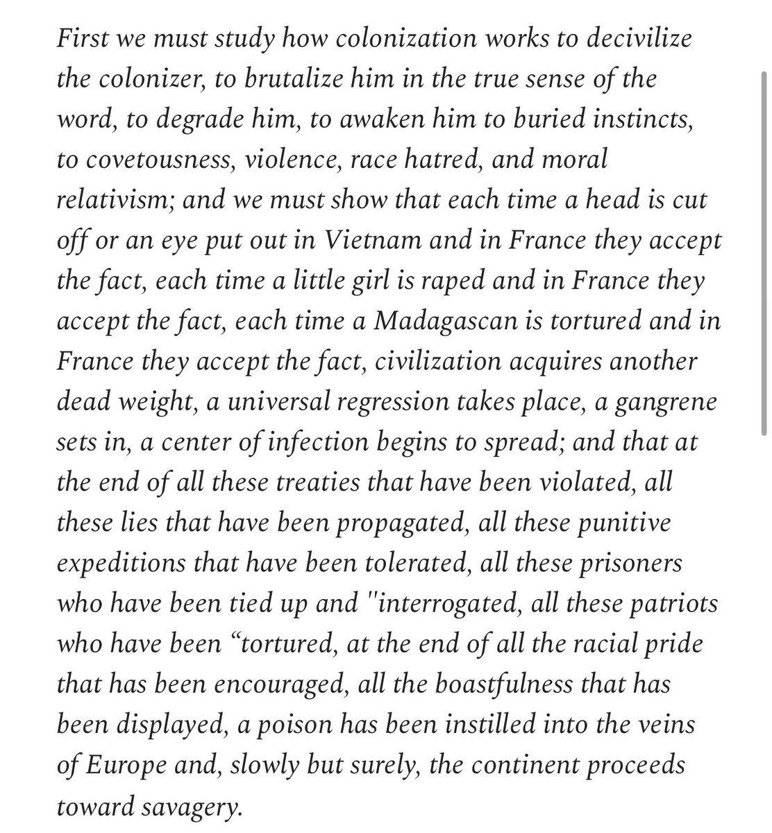 Seeing as we’re going to descend even farther into barbarism (we keep falling can anyone let me know when we hit rock bottom I need to call my therapist lmao) anyway it’s a good a time as any to remember the prescient words of Aime Cesare: the roots of fascism are bred from the