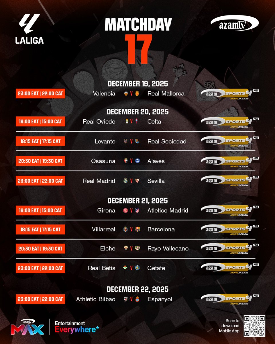 azamtvzw's tweet image. Laliga 🇪🇸 Fixtures on AzamTV 🇿🇼. Also available on #AzamMax #EntertainmentEvery