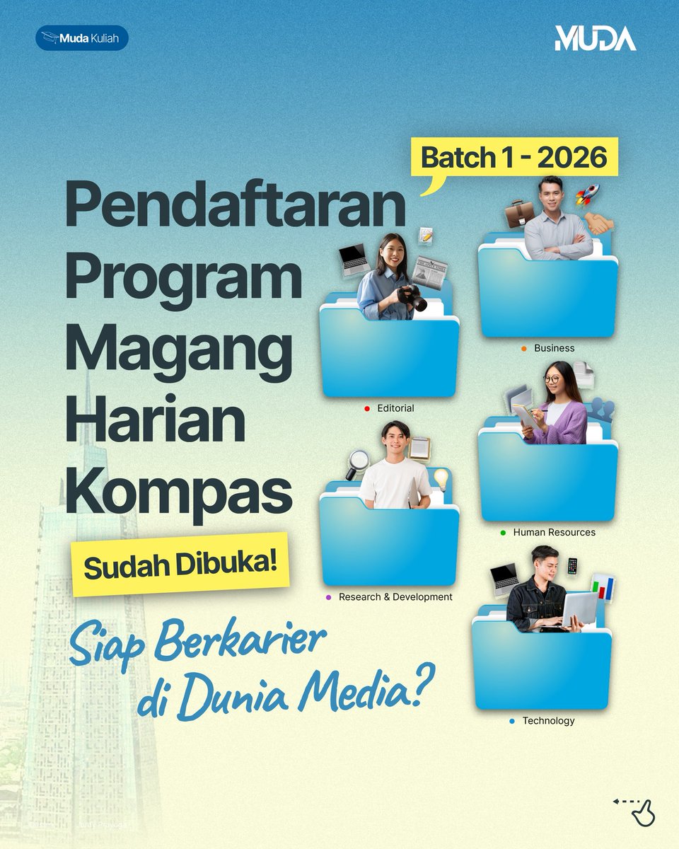 kompasmuda's tweet photo. Program #MagangHarianKompas Batch 1-2026 dibuka! 🤩
‌
📆 2 Februari-30 Juni 2026
👥 Mahasiswa/i aktif minimal semester 6
🏣 WFO/WFH
📍Jakarta Pusat
‌
Pendaftaran: 18 Desember 2025-11 Januari 2026
‌
Info: https://t.co/Uk3xpwx6Ak
‌
#MudaKuliah #MencerahkanLintasGenerasi #InfoMagang https://t.co/6YNFh71578