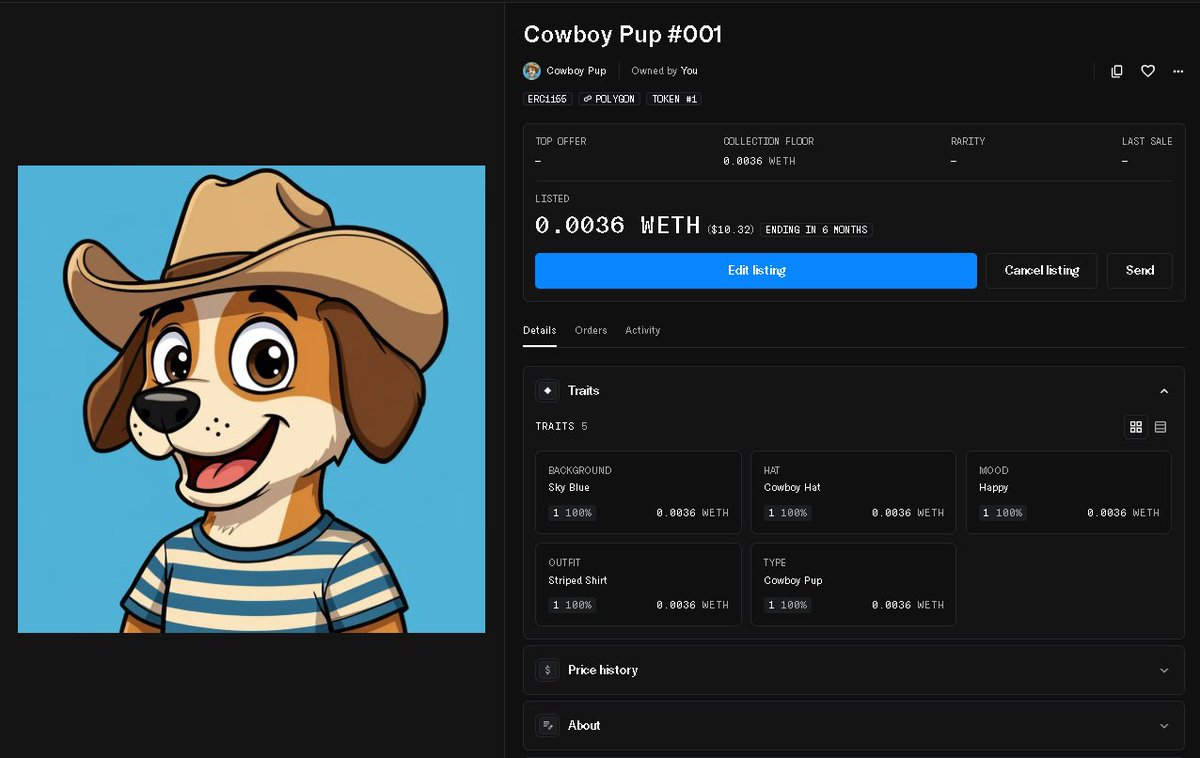 soulofwild's tweet photo. 🐶🤠 Cowboy Pup #001 is live on OpenSea!

A cheerful cowboy dog with a wild heart —
designed to represent freedom, loyalty, and fun energy 🌵🐾
🎨 Digital art | 1/1
⛓️ On-chain NFT
💎 Listed now on Polygon  

#NFT #NFTCommunity #OpenSea #PolygonNFT
#DigitalArt https://t.co/eKHbE09vIz