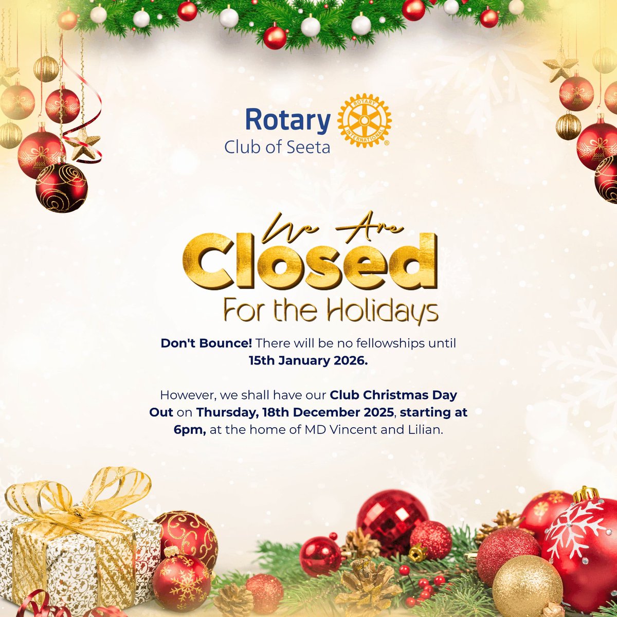 Feliz Navidad;
“Holidays wave a magic wand over this world, and behold, everything is softer and more beautiful.” – Norman Vincent Peale
Friends, lets meet in the New Year, happy holidays 
#RotaryEyamba
#TheRidarz
#RCSeeta