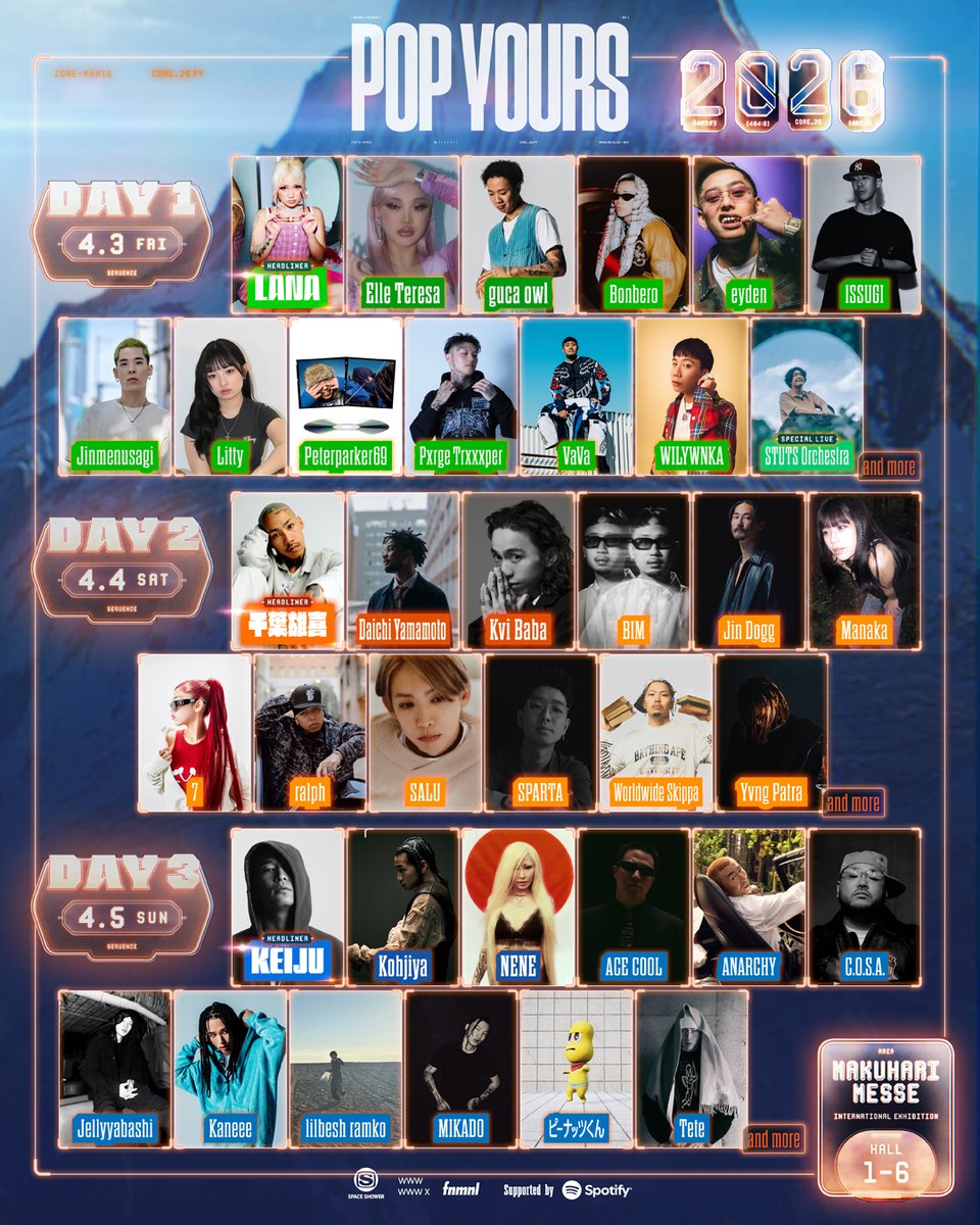 【⚡️POP YOURS 2026 第一弾ラインナップ⚡️】

5周年を迎えるPOP YOURSの第一弾ラインナップ、
LANA、千葉雄喜、KEIJUをヘッドライナーに3日間で37組のアーティストを発表！

ローチケにてチケット最速先行予約（抽選制）受付中🎫

過去最大規模で開催されるPOP YOURS、