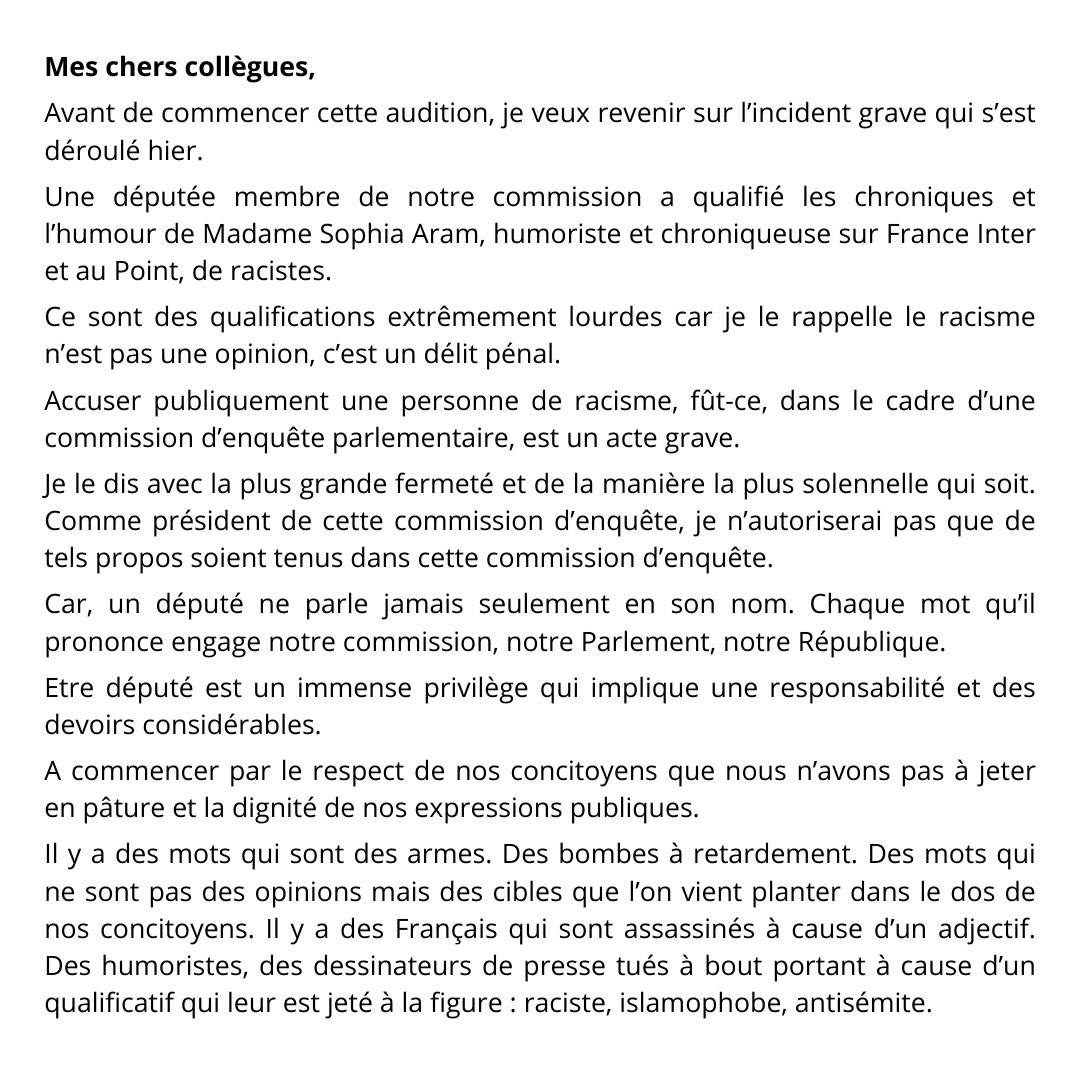 JPatrierLeitus's tweet image. « Ce sont des qualifications extrêmement lourdes car je le rappelle le racisme n’est pas une opinion, c’est un délit pénal.

Accuser publiquement une personne de racisme, fût-ce, dans le cadre d’une commission d’enquête parlementaire, est un acte grave. »

⤵️